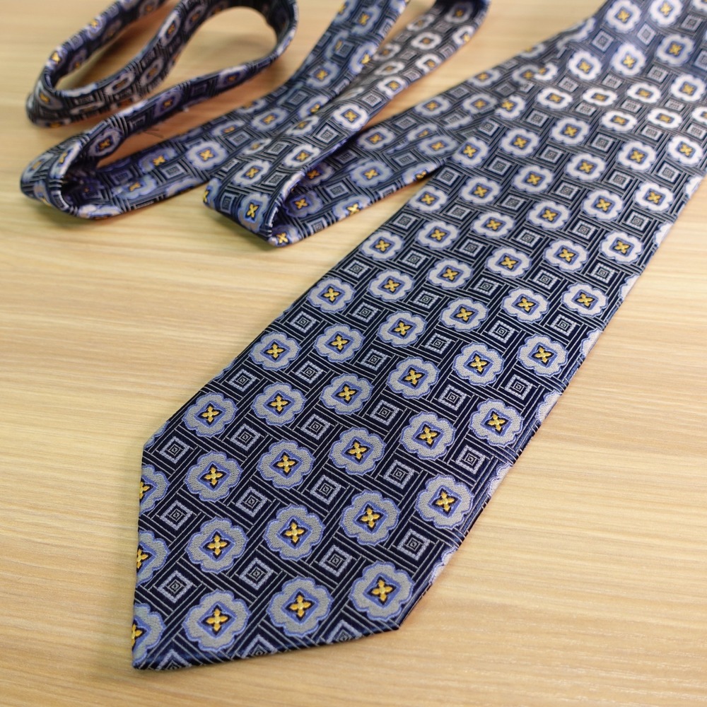 Neck Tie Mens Extra Long Blue XL Quatrefoil Medallion Silk Tall CM GOLD SERIES